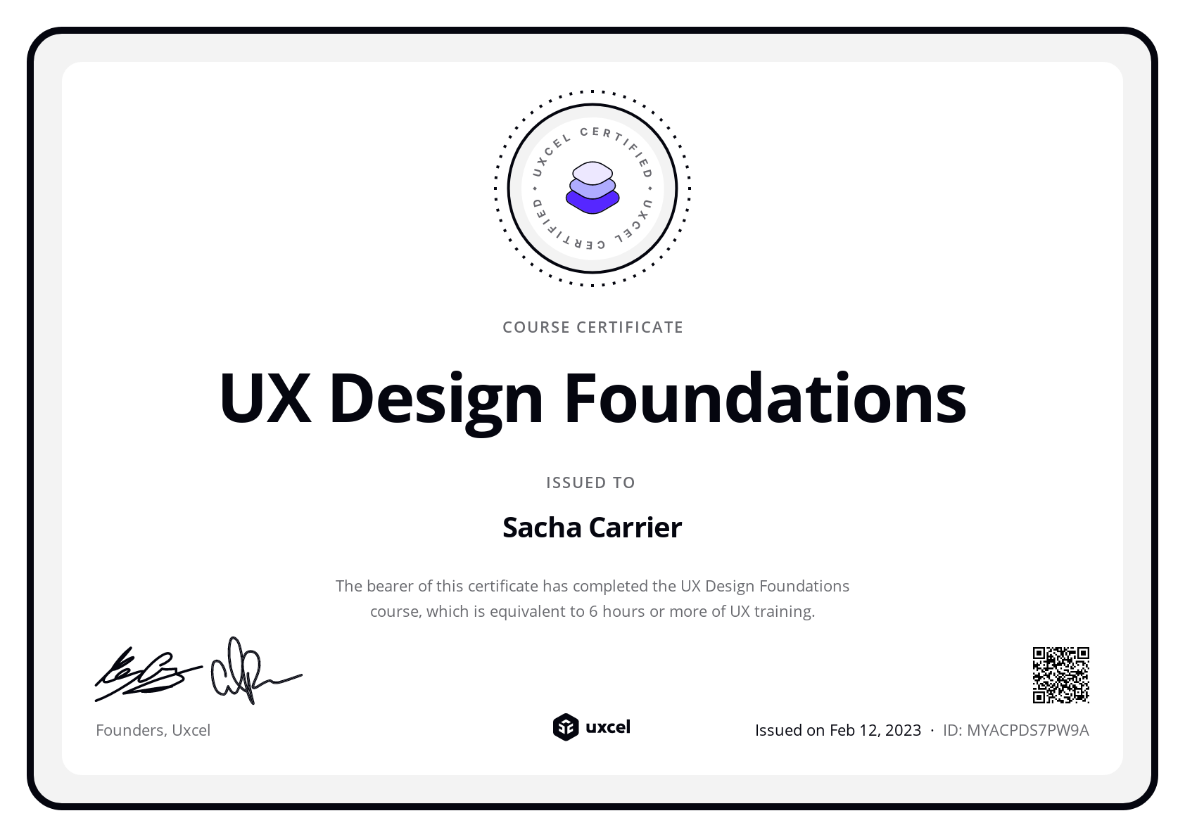 Sacha Carrier's certificate